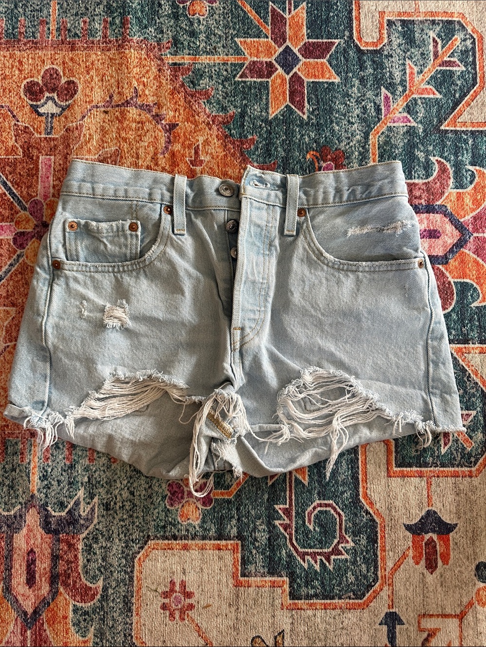 Levi's Light Blue Distressed Denim Button-Fly Shorts